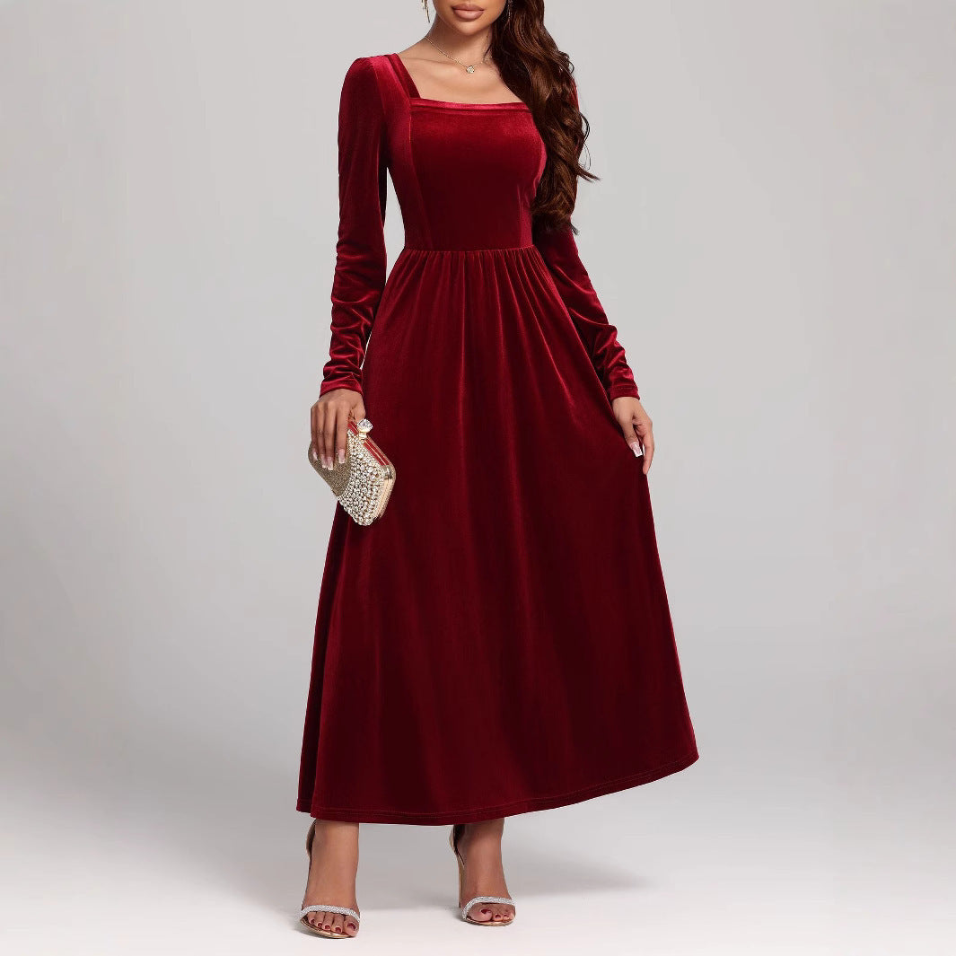 Temperament Red Evening Long Dress Pleuche Dress