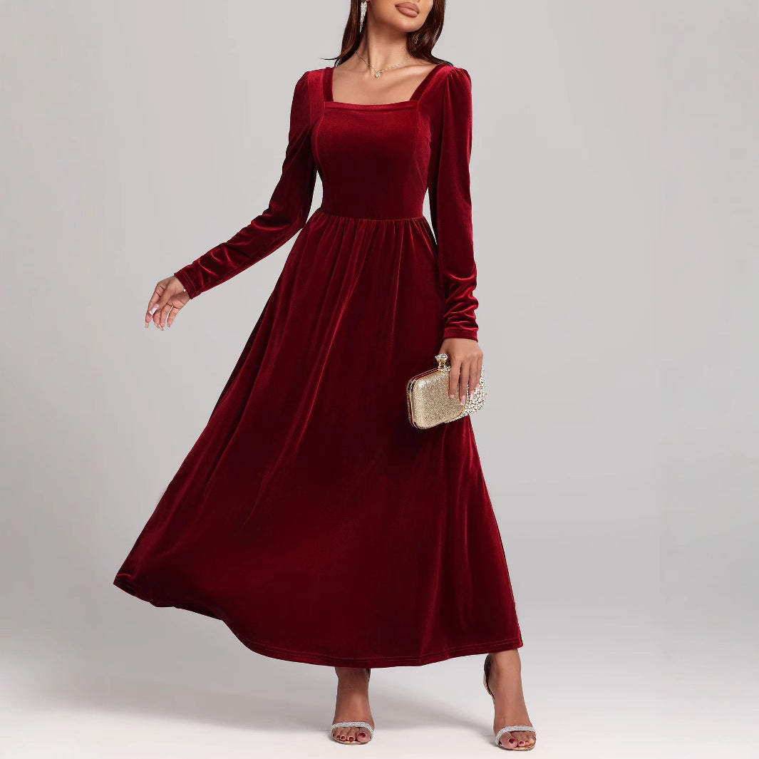 Temperament Red Evening Long Dress Pleuche Dress