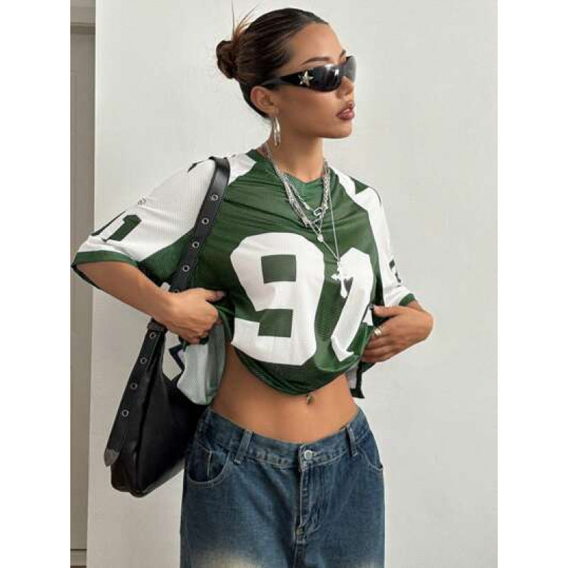 Sports Style Printed Contrast Color Mesh Short-sleeved T-shirt Jersey