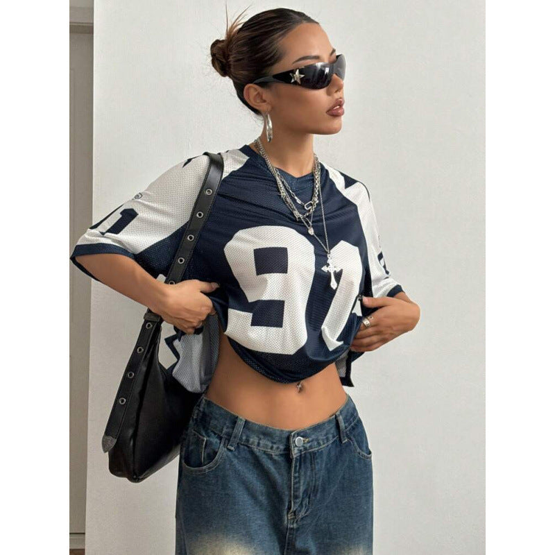 Sports Style Printed Contrast Color Mesh Short-sleeved T-shirt Jersey