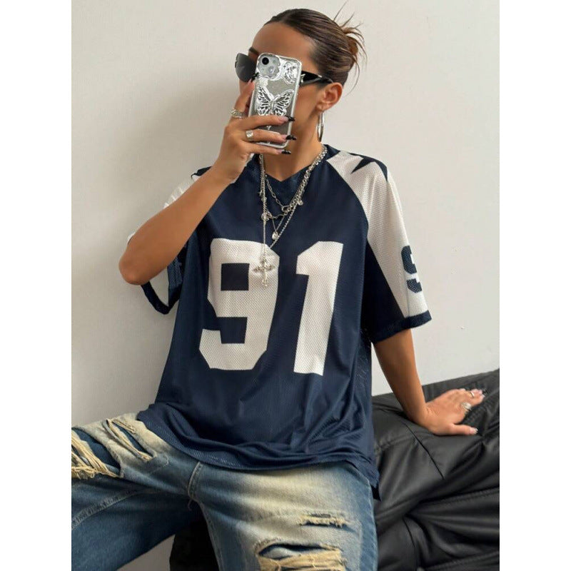 Sports Style Printed Contrast Color Mesh Short-sleeved T-shirt Jersey