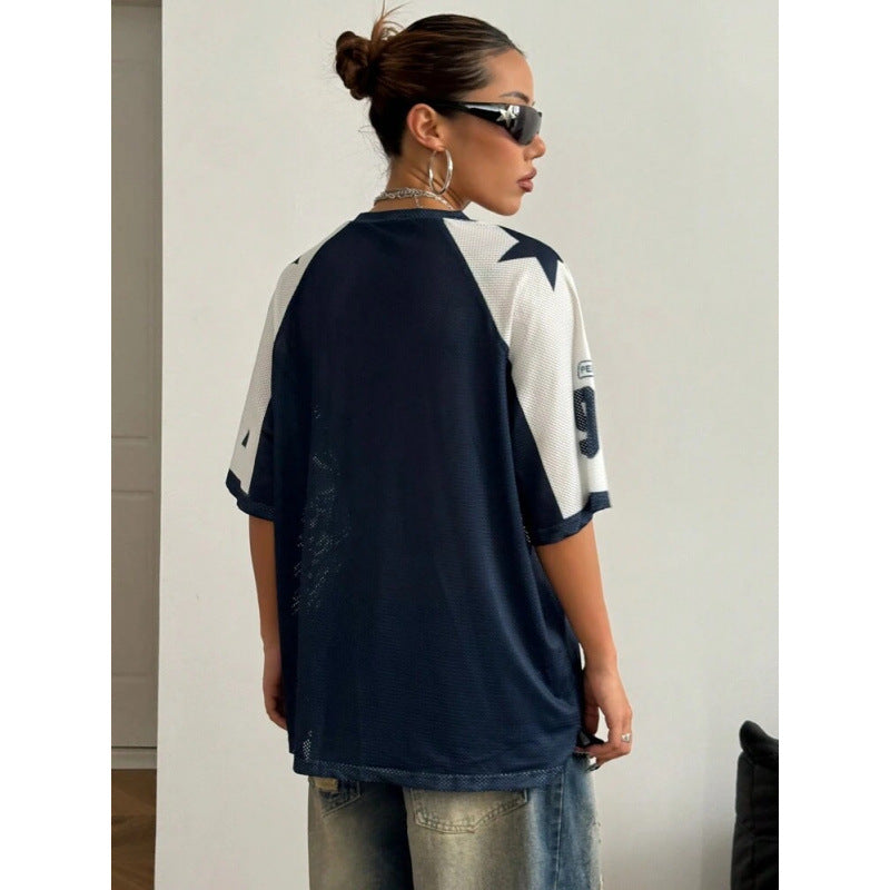 Sports Style Printed Contrast Color Mesh Short-sleeved T-shirt Jersey