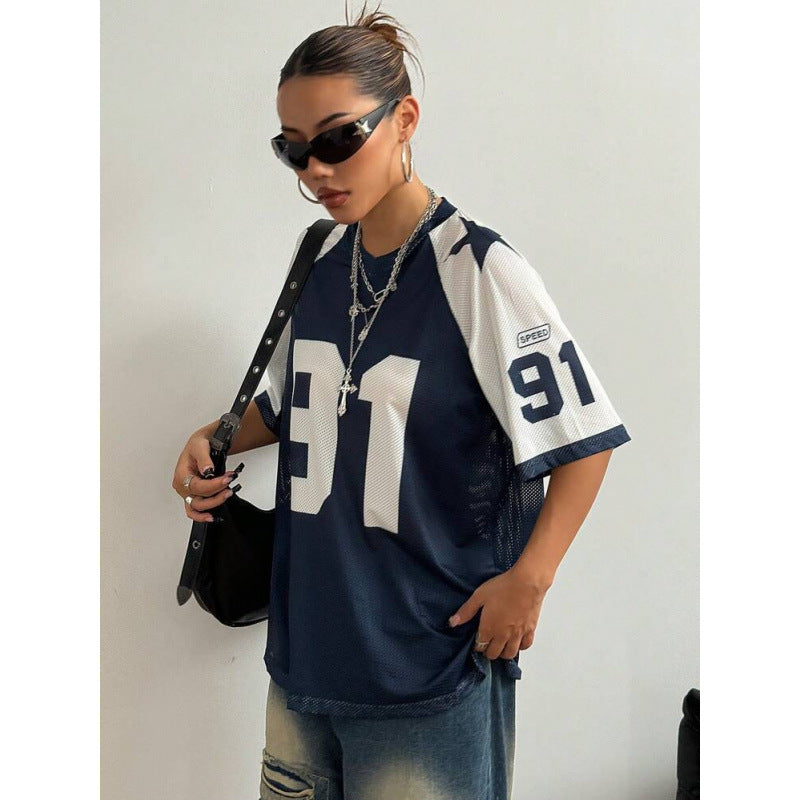 Sports Style Printed Contrast Color Mesh Short-sleeved T-shirt Jersey