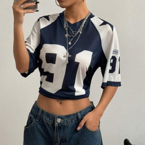 Sports Style Printed Contrast Color Mesh Short-sleeved T-shirt Jersey