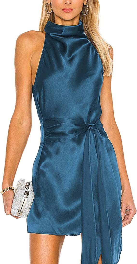 Halter Buckle Bare Back Satin Dress Women
